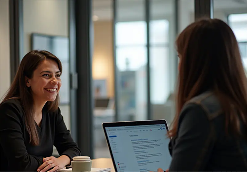 2 women talking at a table